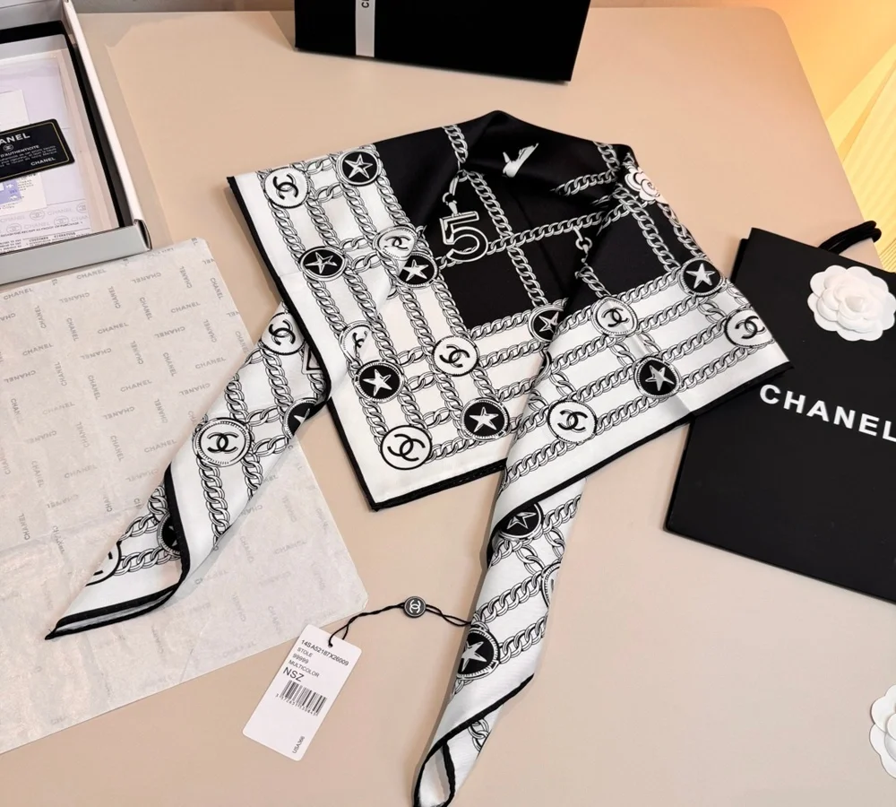 Chanel Chain & CC Logo Silk Scarf (Black & White)